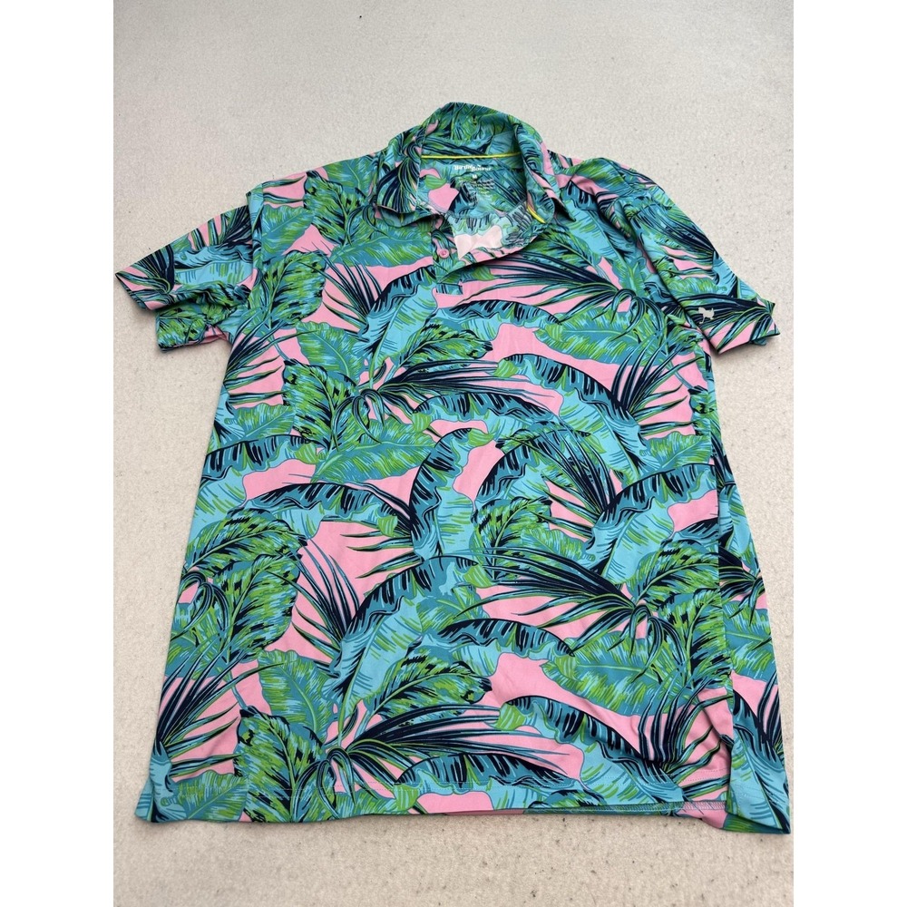 Birdie Bound Polo Shirt Mens Medium Multicolor Tropical Palm Floral Golf Stretch